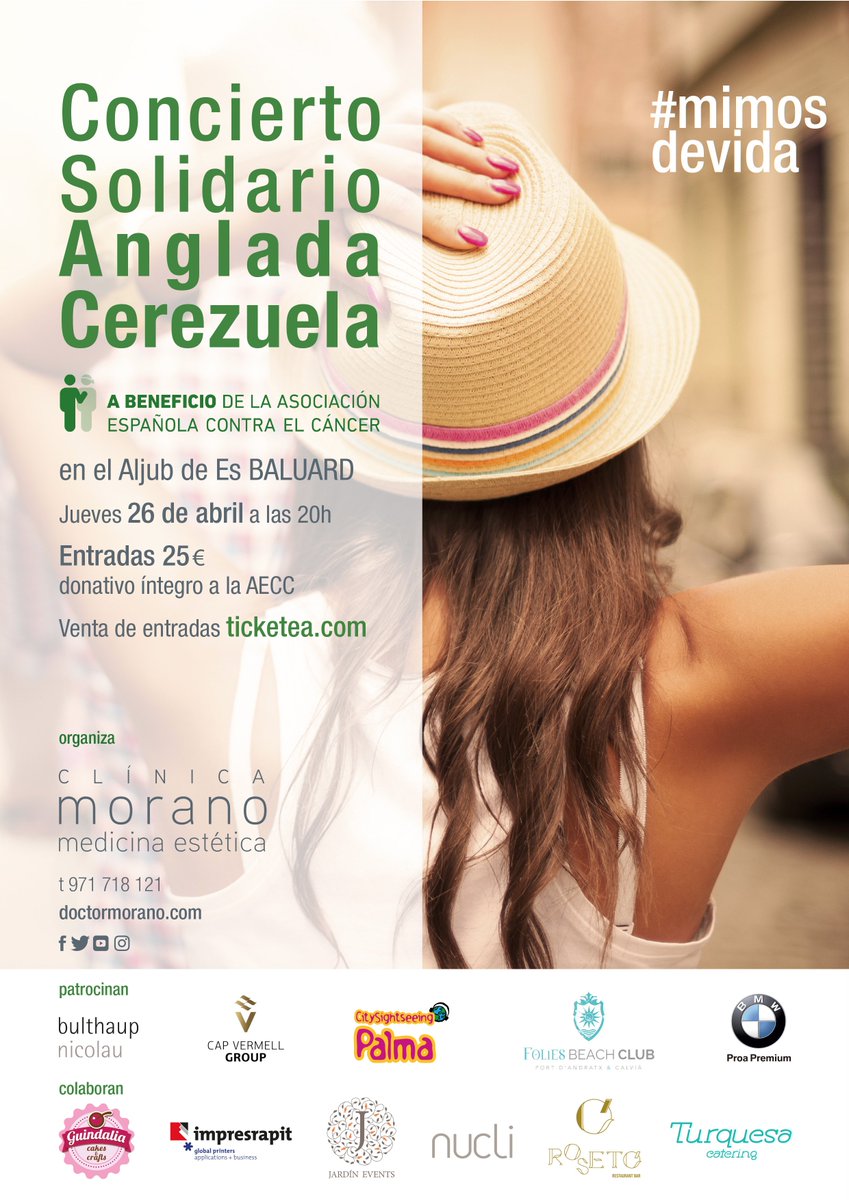 ClinicaDrMorano's tweet photo. El jueves 26 estaremos con @Cerezuelanglada ofreciendo un #conciertosolidario junto a la @aeccbalears 👏🏻👏🏻 ☺️ Gracias a todos por hacer posible este evento #benéfico y aportar vuestro #granitodearena ✨ Os esperamos! entradas en https://t.co/wxUMVgqcTs
#aecc #mimosdevida https://t.co/pobwsVbpPM