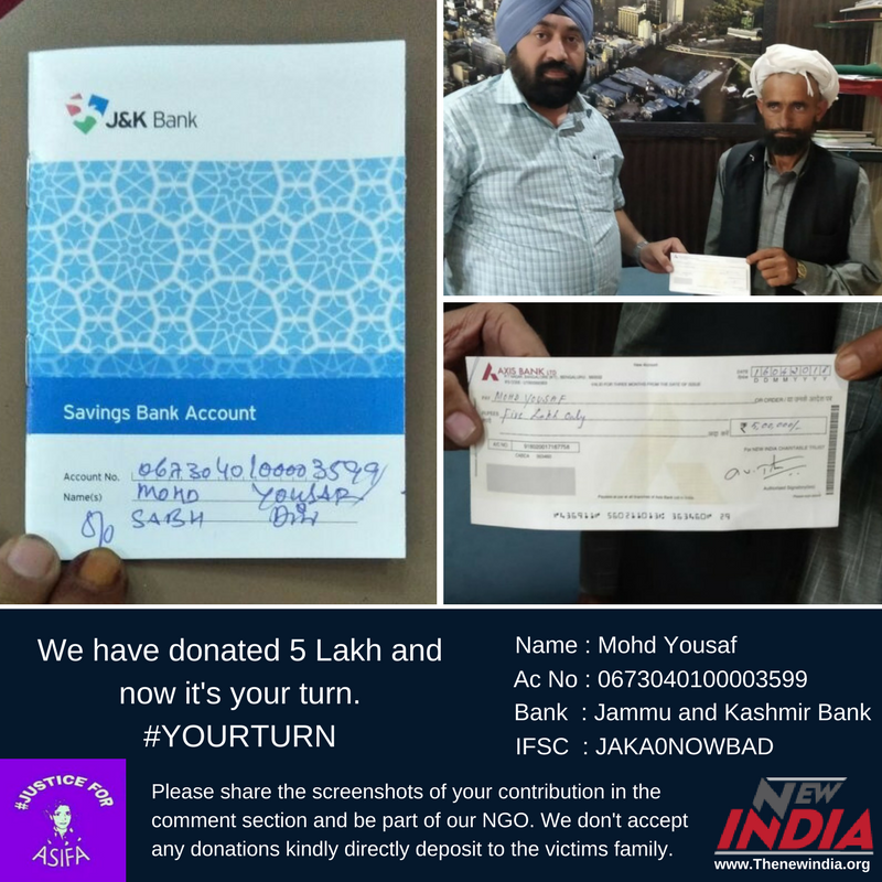 vijayrtata's tweet photo. New India, a Bangalore-based NGO contributed a sum of Rs. 5 lakhs to Mohammad Yousaf, the father of 8 year old girl Asifa Bano #justiceforasifa #yourturn #IAmTheNewIndia https://t.co/sCjxnZLhx9