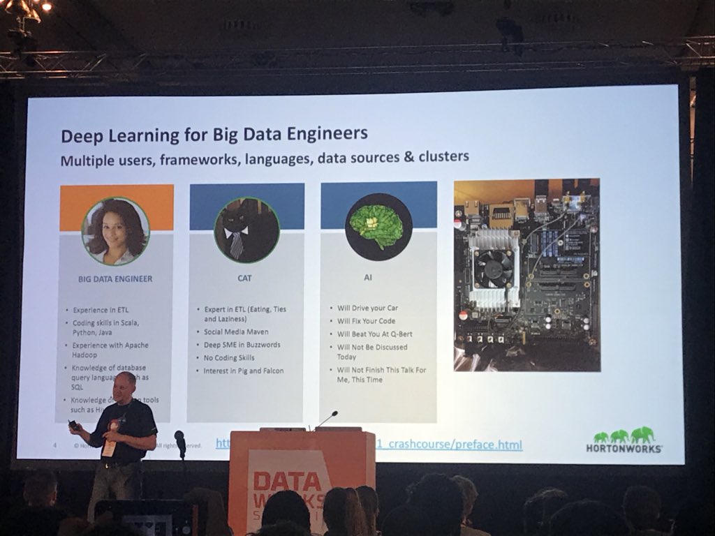 linnoinen's tweet photo. ”Apache Deep Learning 101” - Cats, JSON and shell scripts, with @PaaSDev. Will need to recruit my cat to help at home. @DataWorksSummit 2018 #DWS18 https://t.co/vnqpxr0Tql