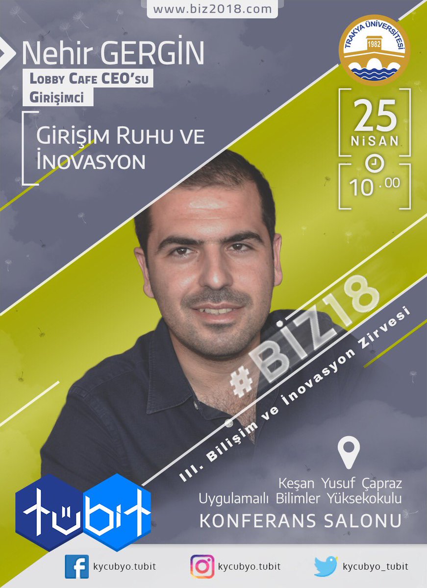 kycubyo_tubit's tweet photo. 📣📣 Sektörün ileri gelen firmalarıyla öğrencilerimizi buluşturacağımız etkinliğimizde 25 Nisan Çarşamba günü Lobby Cafe CEO’su ve Girişimci NEHİR GERGİN sizlerle! 
Bizi takip etmeyi unutmayın ✌
#tübit #Biz18 #bilişimzirvesi https://t.co/jiGYc9vwff