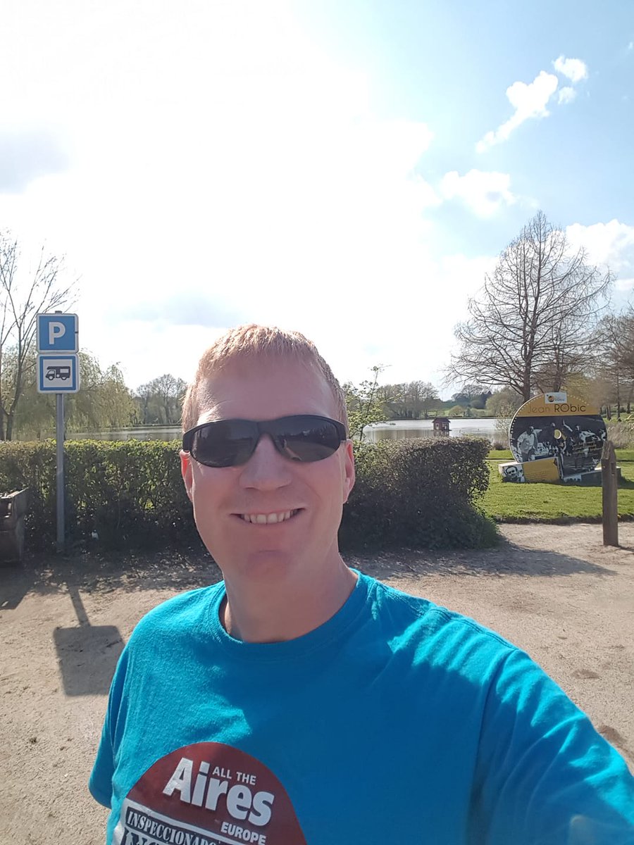 VicariousBooks's tweet photo. Chris goes all Aire Robic in 27 degree heat. If looking on phone zoom into righthand side of photo for gag.

#ontheroad #motorhome #campervan #camper #France #weather #summer #sunshine #joke #vanlife #VicariousView https://t.co/dCYxifqDJo