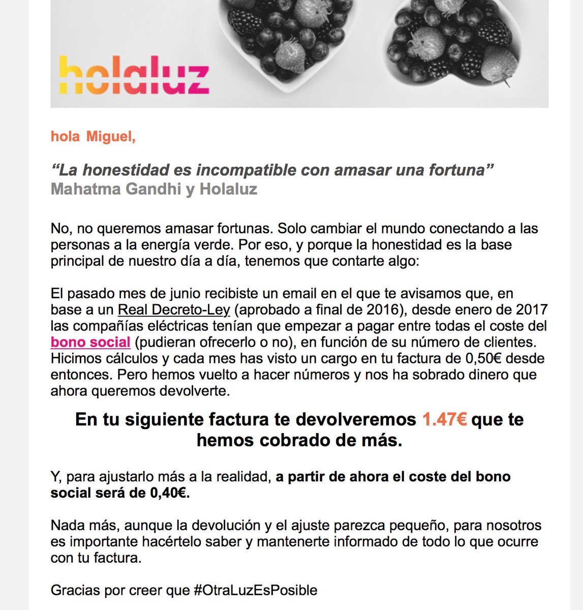 mglolmos's tweet photo. Estas acciones son las que marcan la diferencia entre compañías: transparencia, comunicación clara y sencillez para cliente. Gracias @HolaLuzcom #OtraLuzEsPosible https://t.co/PQcZZqK3Js