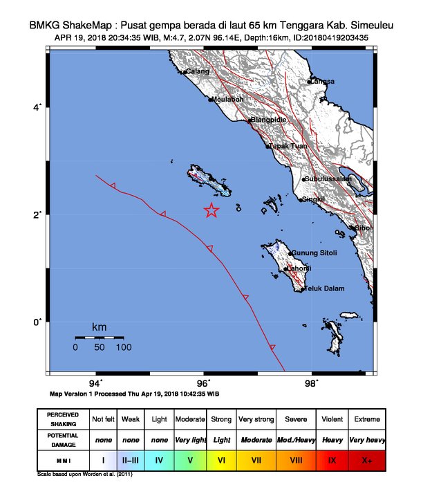 infoBMKG's tweet photo. #Gempa Mag:4.7, 19-Apr-18 20:34:35 WIB, Lok:2.07 LU, 96.14 BT (Pusat gempa berada di laut 65 km Tenggara Kab. Simeuleu), Kedlmn:16 Km Dirasakan (MMI) III Pulau Simeulue #BMKG https://t.co/7eMCGjfPOc