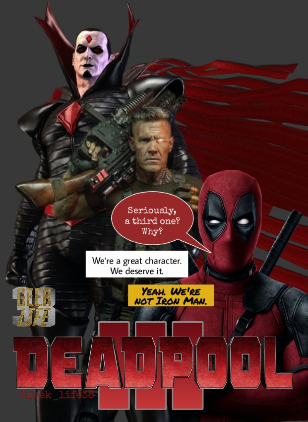 geek_life38's tweet photo. Deadpool 3 fan made poster
#Deadpool #WadeWilson #RyanReynolds #RyanPool #Chimichanga #MaximumEffort #Cable #PremiumCable #YoureMine #NathanSummers #JoshBrolin #MisterSinister #DeadpoolMovie #Deadpool2 #Deadpool3 #Marvel @Marvel #MarvelComics #FoxStudios https://t.co/hqWxCL8IUs