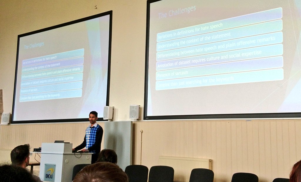 drlucymichael's tweet photo. Vinay Kumar Datta, @DublinCityUni MA student sets out difficulties in categorising hate speech for #hatetrack tool #TrackingHateSpeechOnline https://t.co/RpA1lspRuH