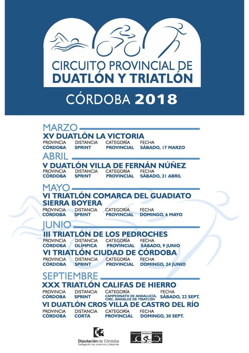 dipucordoba's tweet photo. Este sábado tenemos nueva cita con el Circuito Provincial de #Duatlón y #Triatlón de Córdoba 2018. Te esperamos en #FernánNúñez. https://t.co/FCNH305CO8