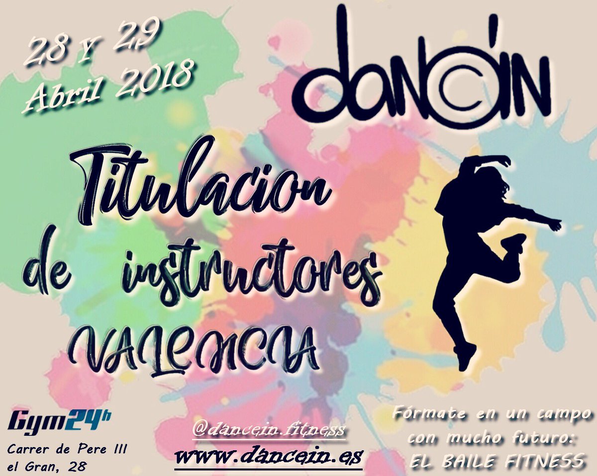 DanceIn18's tweet image. ❗️ TÍTULO PROPIO DE INSTRUCTOR DANCE IN 📣. Curso teórico intensivo en Valencia el 28 y 29 de Abril, con prácticas posteriores. Más información vía MD, en dancein.fitness@gmail.com o en nuestra página web dancein.es 
#dancein #baile #fitness #curso #instructor