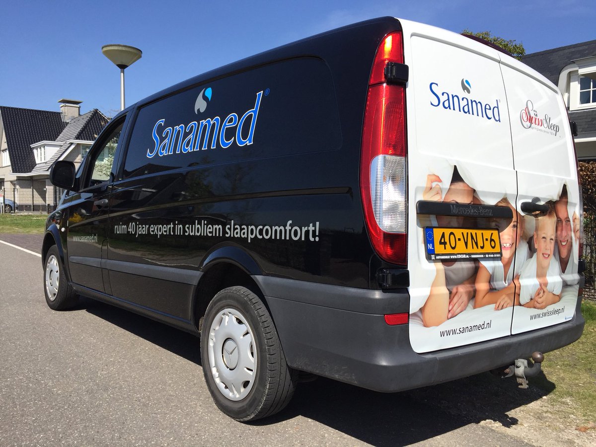boostreclame's tweet photo. Bedrijfsbus beletterd met achter een full-color #carwrap met reclame voor #Sanamed en #SwissSleep! https://t.co/soBe4y0Ats