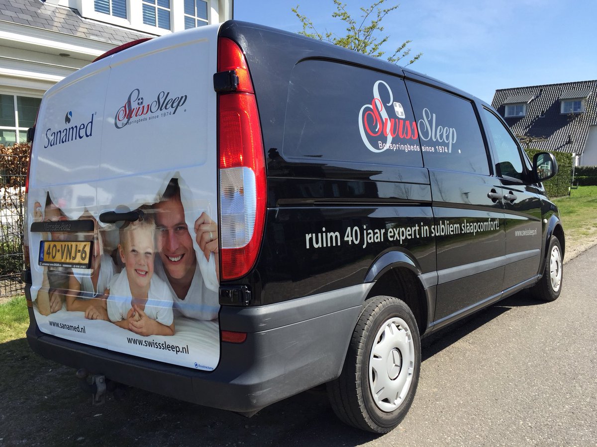 boostreclame's tweet photo. Bedrijfsbus beletterd met achter een full-color #carwrap met reclame voor #Sanamed en #SwissSleep! https://t.co/soBe4y0Ats