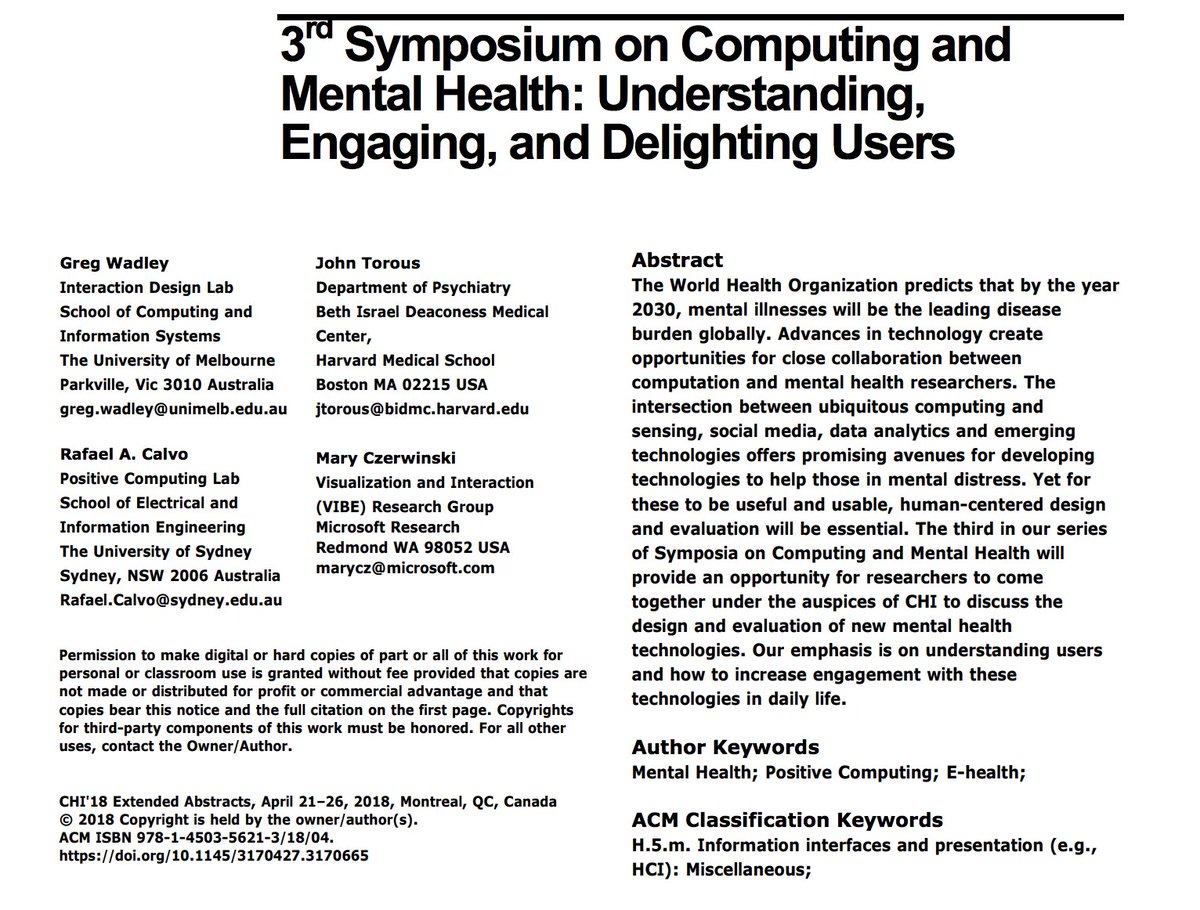JohnTorousMD's tweet photo. If you cannot make the 3rd Symposium on Computing and #MentalHealth at @sig_chi in #Montreal this weekend, there is still much to discover on our website which will have updated papers, presentations, and more: https://t.co/LDaSKq7eFy .Please use hashtag #CMH2018 to share ideas https://t.co/R9GD0oMfGC