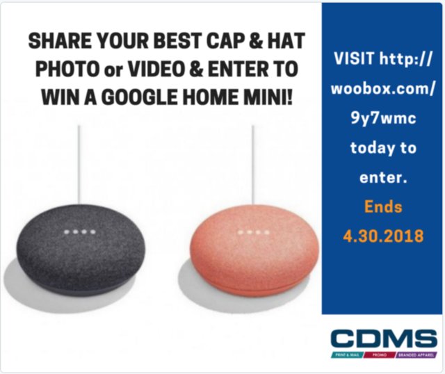 cdmservicesreno's tweet photo. Share your best cap photo or video and enter to win a GOOGLE HOME MINI! Contests ends 4/30/2018. Click here to enter! https://t.co/9pQ5puuGmt and don't forget to like our FB page!
#promoitems #cdmslive #brandedapparel #promotionalproducts #brandeditems #promotionalitems https://t.co/w4V8OtvyRx