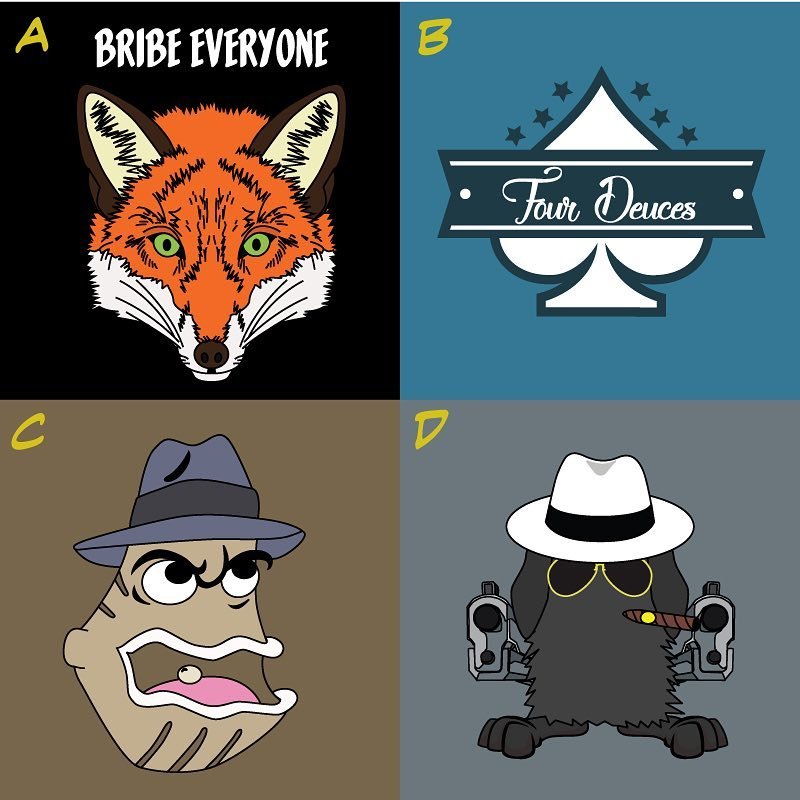 DustBunnyMafia's tweet photo. Which #sticker design should I get printed next? Vote for your favorite by leaving a comment. #diecut #mockup #dustbunnymafia #victhelead #jimmytheclam #mobimals #fourdeuces #bribeeveryone #johnnytorrio https://t.co/8ZLYVUTFTQ