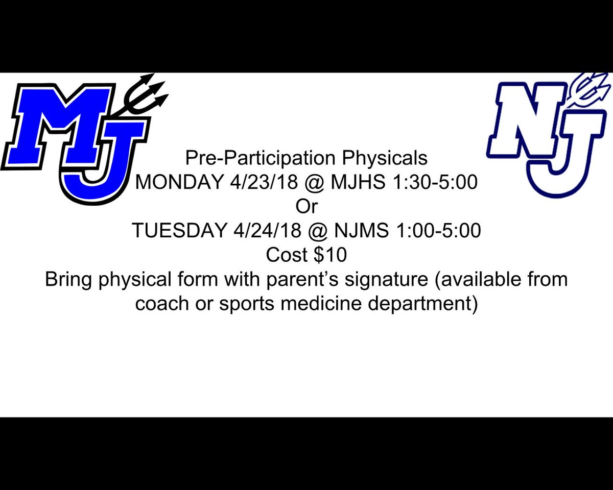 MJHSsportsmed's tweet photo. Attention Parents and Athletes!  Dr. Welch will be at the high school Monday 4/23 and at the middle school Tuesday 4/24 for physicals.  Cost is only $10 @MJHSbluedevils @NJMSMiddle https://t.co/1DWE35OhMd