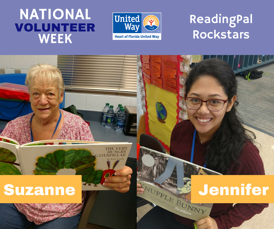 hfuw's tweet photo. A special #shoutout to ReadingPals at @CAESCougars! Suzanne spends 7+ hours a week reading with VPK students &amp; also serves as a Foster Grandparent! Jennifer takes time out of her busy student life to help VPK kids with reading &amp; practicing English! #NationalVolunteerWeek https://t.co/G1AZPQFx2c