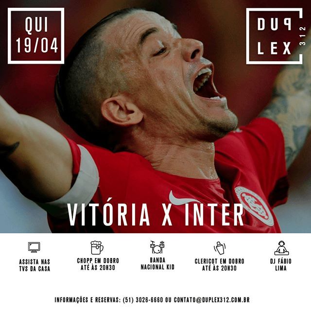 duplex312's tweet photo. Hoje é a vez do Inter no Duplex 312!

Assista ao jogo a partir das 19h15 (abrimos às 18h), com direito a entrada gratuita e rodada dupla de chopp e clericot até às 20h30.

De quebra, DJ Fábio Lima e banda Nacional Kids no palco.

#VemProDuplex https://t.co/y39N3n1lto https://t.co/oP8dlX40WH
