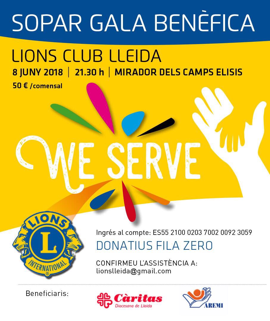 LionsLleida's tweet photo. Ir añadiendo a vuestra agenda esta fecha, 8 de junio Gala Benéfica Lions Lleida @associacioaremi @CaritasCataluny @_CARITAS @lionsinter #weserve #nosotrosservimos https://t.co/nVtpkgRHap