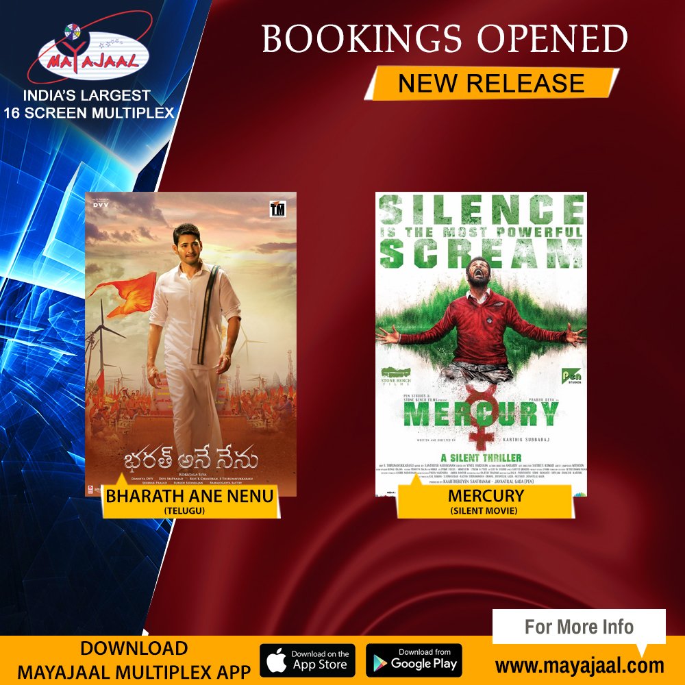 MayajaalECR's tweet photo. #BookingsOpened- #SilentMovie- #Mercury starring #PrabhuDeva, #SananthReddy, #RemyaNambeesan.
#TollywoodMovie-#BharathAneNenu starring #MaheshBabu and #KiaraAdvani
at @mayajaal_ecr
Book Tickets Online: https://t.co/RFQmKj1dVe https://t.co/8OCoTvfV33