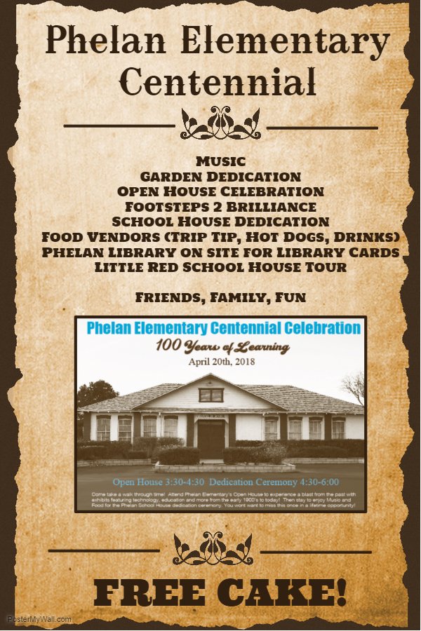SnowlineJUSD's tweet photo. Don't forget! Come spend tomorrow evening with us and help us celebrate Phelan Elemenatry's 100th year birthday! #happybirthday #centennial #celebration #HistoryOutside #FutureInside @PhelanElem1 @PhelanASES https://t.co/I3Ypk8N90y