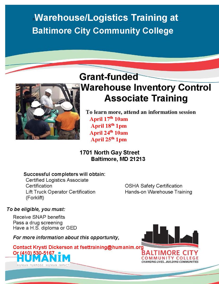 Humanim's tweet photo. Interested in a Warehouse Associate career? We are currently recruiting for our next FREE Warehouse Inventory Control Associate training program! Join us for an information session in April. More info at: https://t.co/hPTdQRdlom https://t.co/08w6lvz61b