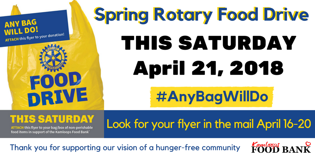 kamfoodbank's tweet photo. THIS SATURDAY #AnyBagWillDo for the Spring Rotary Food Drive! Tag your bag or box of non-perishable donations with your #AnyBagWillDo flyer for pick up THIS SATURDAY morning. Help us reach our goal of 75,000 lbs! https://t.co/18baDjiy9K