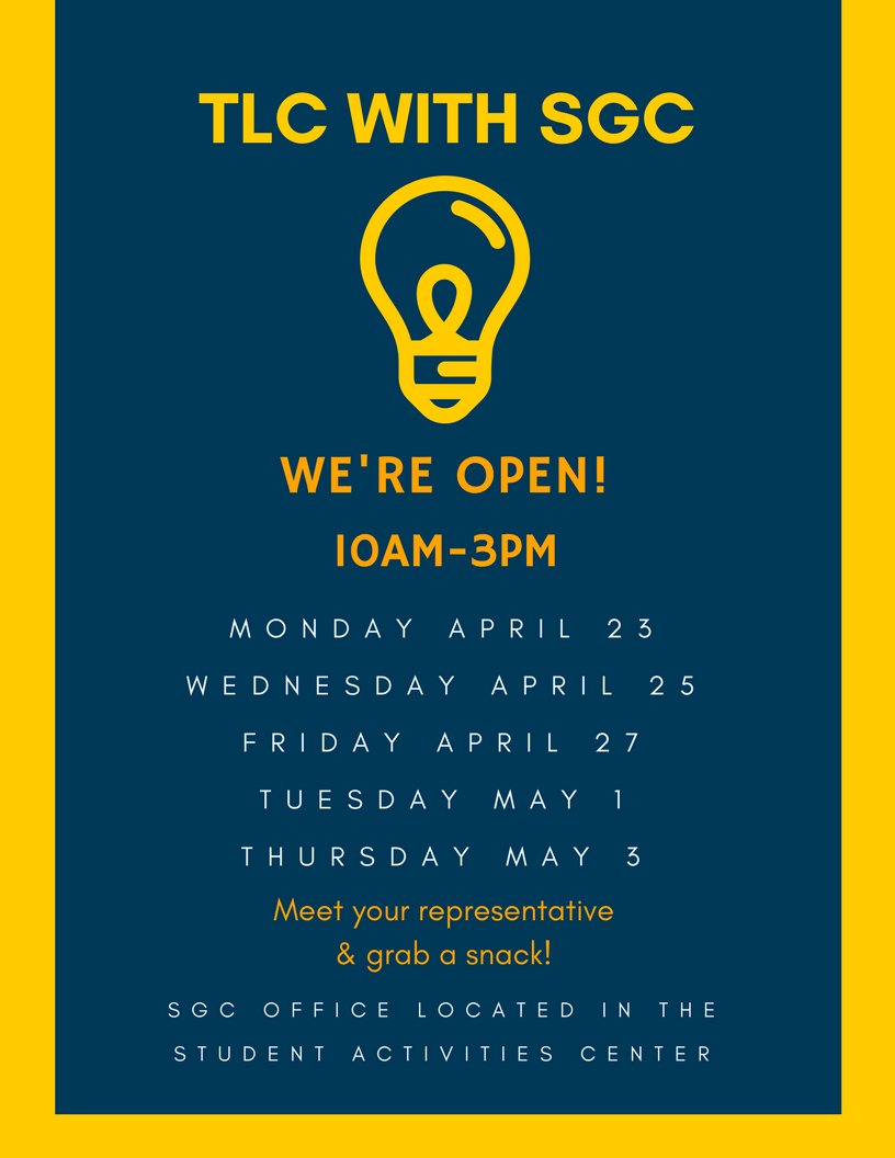 ic_sgc's tweet photo. TLC with SGC is open TODAY and the dates listed below!
Stop by our office on the 3rd floor of Campus Center to chat with an SGC representative and grab a free snack!
*Also keep an eye out for our pop-up shop dates &amp; locations coming soon!* https://t.co/0H23XwGgZr
