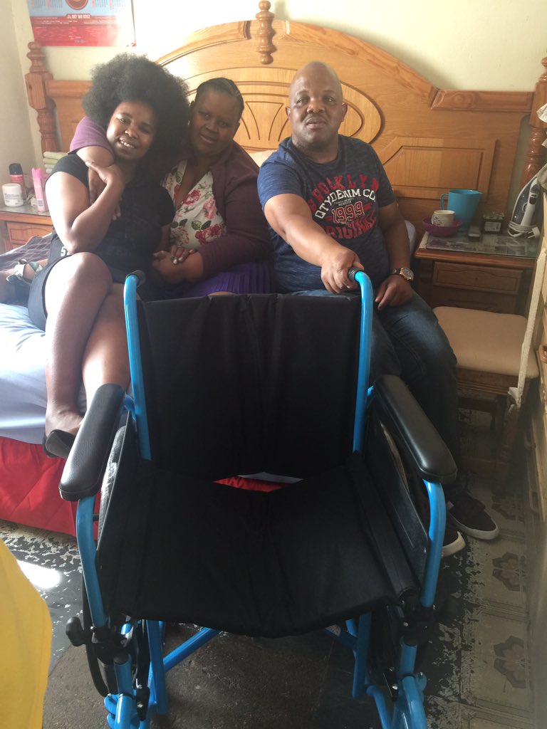 ZaharaSA's tweet photo. A few weeks ago I was driving back home when I heard Mama Miriam Olga Mabetoa's story on Lesedi FM. She was paralyzed in 2013, since then she hasn't been able to move out of her bed. Today I visited her &amp; bought her a new wheelchair. https://t.co/kLIefZFKUW
