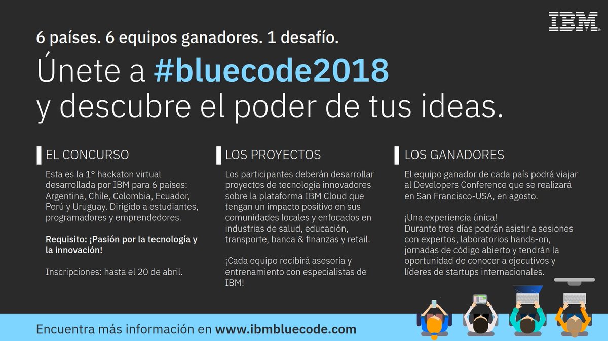 nodoticRda's tweet photo. Para los apasionados por la tecnología y la innovación, una buena noticia! IBM lanzó #bluecode2018, su 1° desafío virtual a nivel Sudamérica. ¡Los ganadores viajarán al Developers Conference en San Francisco! Mira las bases y más info del concurso en https://t.co/2eHWcN86t1 https://t.co/iEPjsqE6Aj
