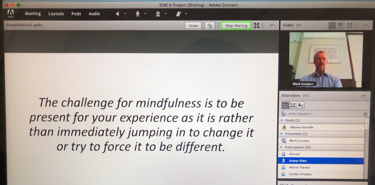 AlfPezzella's tweet photo. We are online! Come join us for this free webinar starting at 12pm (UK time) today! #Mindfulness #IENE6 @IENEProject @irena_pap @MDXCAPE @MDX_MHandSW @MiddlesexUni https://t.co/y3gq6YKsy4