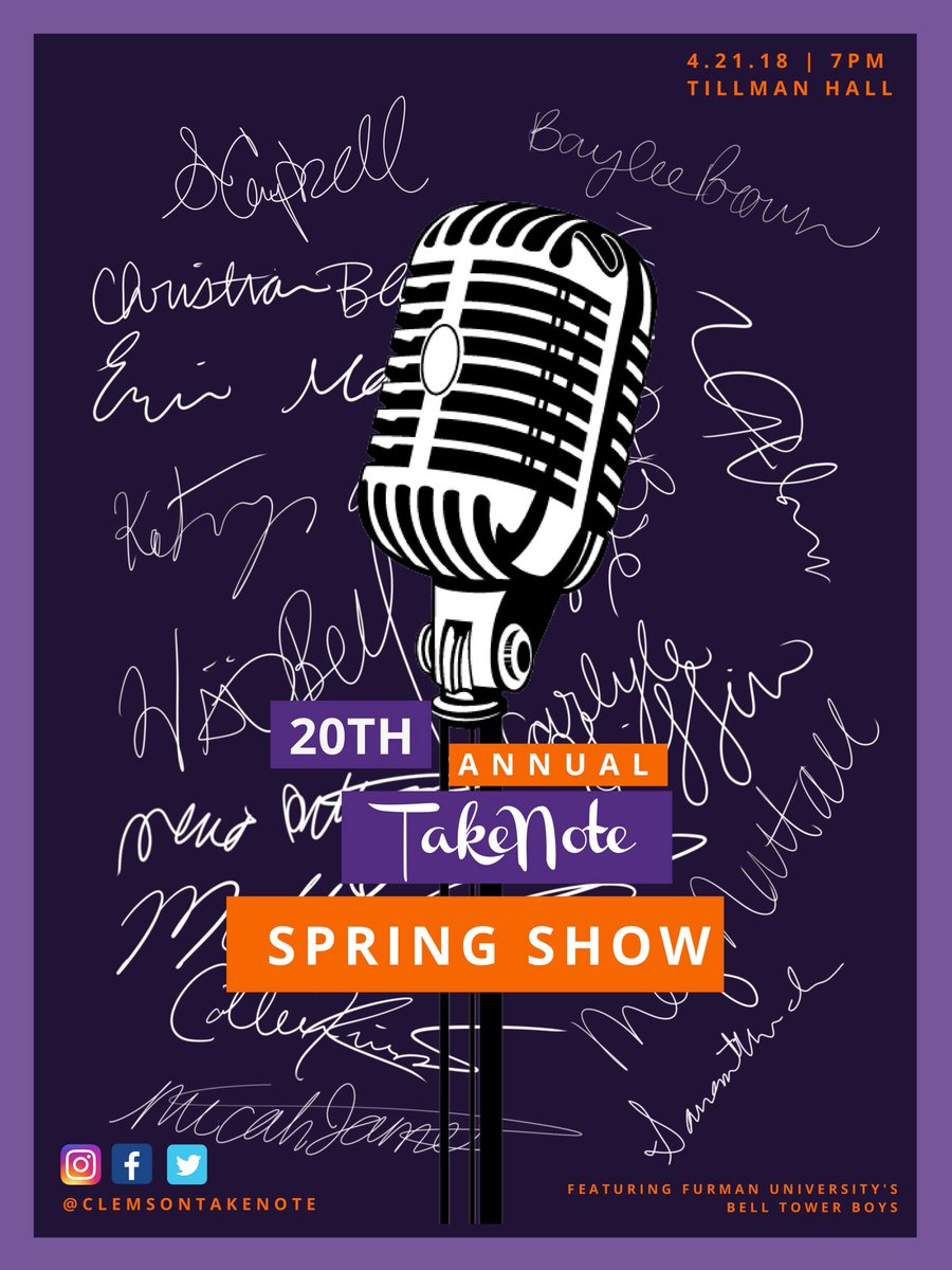 ClemsonTakeNote's tweet photo. We are so excited to be celebrating TakeNote’s 20th Anniversary on Saturday! Check out our Spring Show Program which will feature the signatures of the 16 members in this special group! https://t.co/yKVJRyPwhc