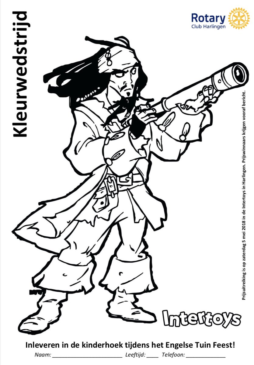 Kleurwedstrijd met mooie prijzen! Haal de tekening (vanaf morgen) op bij Intertoys in Harlingen, kleur hem zo mooi mogelijk in en lever de kleurplaat in bij de kinderhoek tijdens het Engelse Tuin Feest op Koningsdag. Prijsuitreiking op zaterdag 5 mei bij de Intertoys!