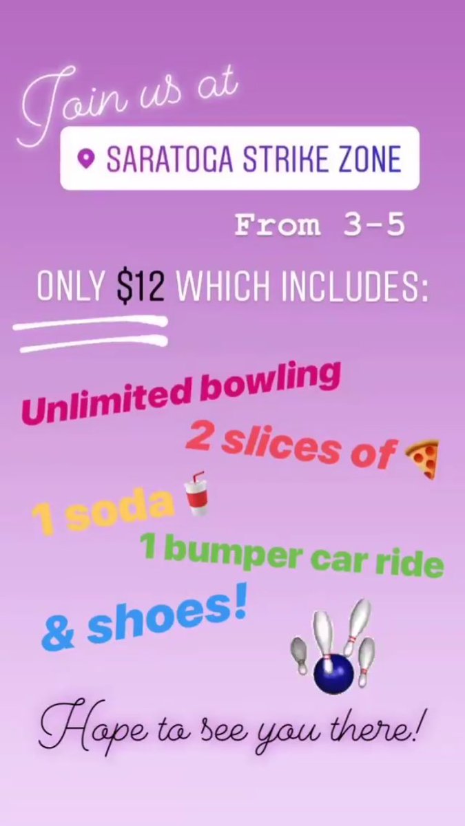Today’s the day! Bowling from 3-5, bring your friends! This is our final fundraiser for the walk! 🎳 #518bbfw <a href="/518BBFW/">518BBFriendshipWalk</a> <a href="/TogaAthletics/">Toga Athletics</a> <a href="/Saratoga_SC/">SSHS Student Council</a>