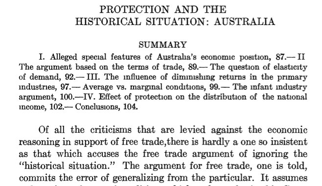 1/ In 1938 as in 2018, trade wars, tariffs and mercantilism were hot topics. That year, Bryn Mawr economist Karl Anderson published a blistering critique of Australian econs’ attempts to establish a tariff on manufactured good in the QJE(note: this is not a thread on trade)