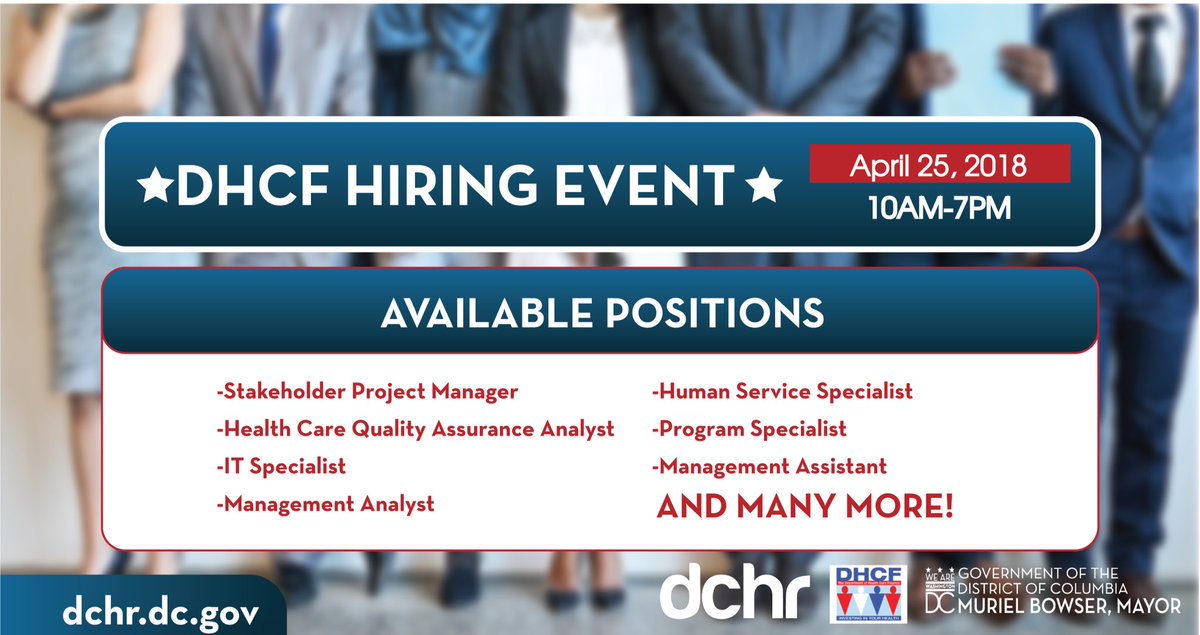 dchrDC's tweet photo. #HiringAlert: @dchrDC will host a hiring event for @DCHealthCareFin on April 25th, from 10 - 7 pm, at One Judiciary Square. 
Info: https://t.co/5vcB0uxS41
#careers #DCGovCareers #PathwaysToTheMiddleClass #Health #Healthcare #HumanServices #IT #Management #ProgramManger #Analyst https://t.co/V3Nggx3F4E