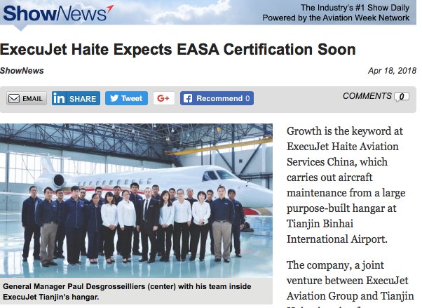 ExecuJetAvGrp's tweet image. With FAA, CAAC and Cayman certifications already in place, ExecuJet Haite expects EASA certification soon! Read it here: exjlux.news/2J4rMWU #ABACE