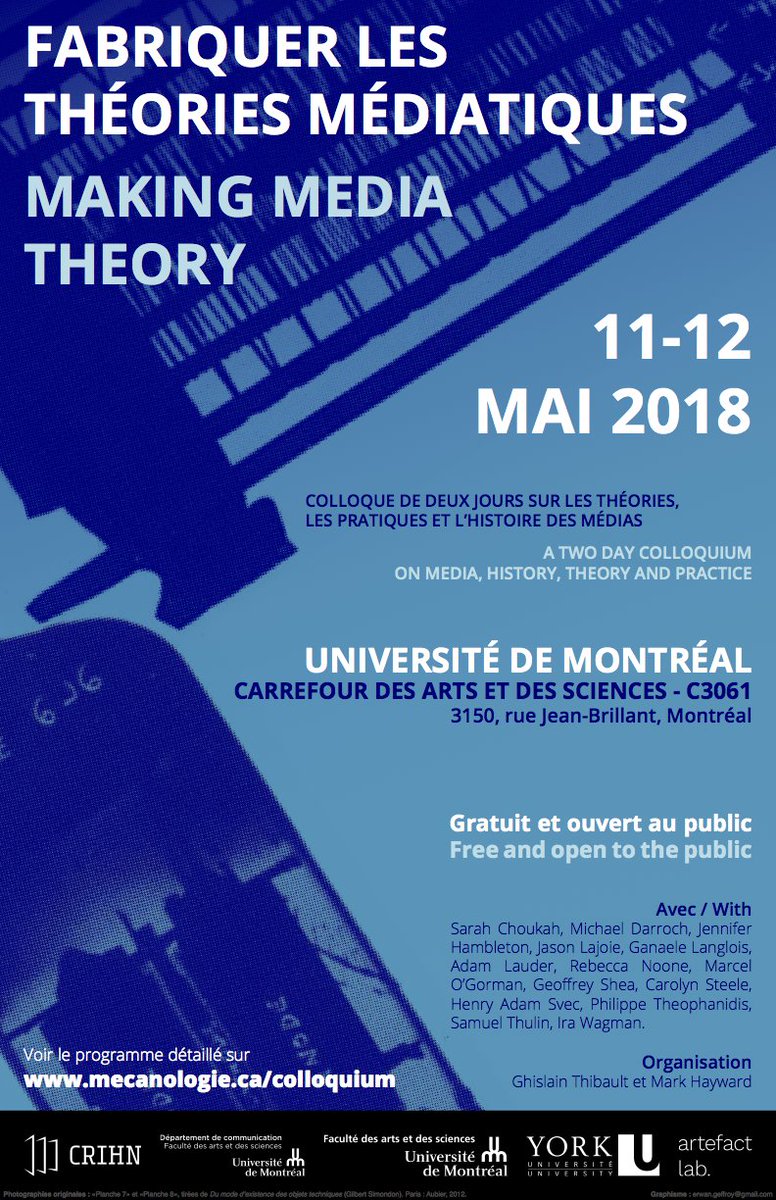 Coming up at <a href="/UMontreal/">Université de Montréal</a> : “Making Media Theory. Two-day colloquium on media, history, theory &amp; practice” organized by Ghislain Thibault &amp; @mphayward, w/ @GanaeleLanglois , <a href="/greg_elmer/">Greg Elmer @gelmer@mstdn.ca</a> , <a href="/schoukah/">Sarah Choukah</a> , <a href="/ThulinSamuel/">Samuel Thulin</a> , <a href="/LudicScribbler/">Jason Lajoie</a> &amp; many others mecanologie.ca/colloquium/