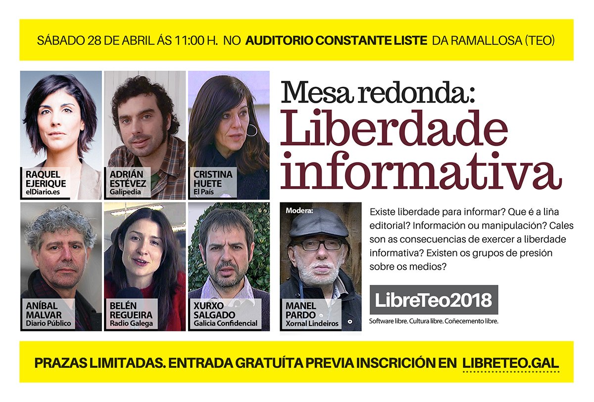 Se estás preocupada/o polo nivel de manipulación existente nos medios de comunicación deste país, tes que asistir a esta mesa redonda o sábado 28 de abril ás 11:00 no Auditorio Constante Liste da Ramallosa (Teo). Ou vés ou non o ves. Inscríbete XA en libreteo.gal