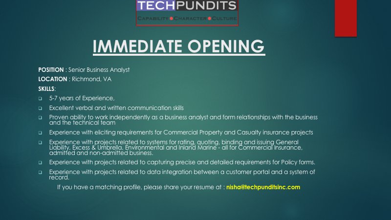techpunditsinc's tweet photo. #ImmediateOpening #RichmondJobs #tech #SeniorBusinessAnalyst #jobs https://t.co/u2oNKS9mYN