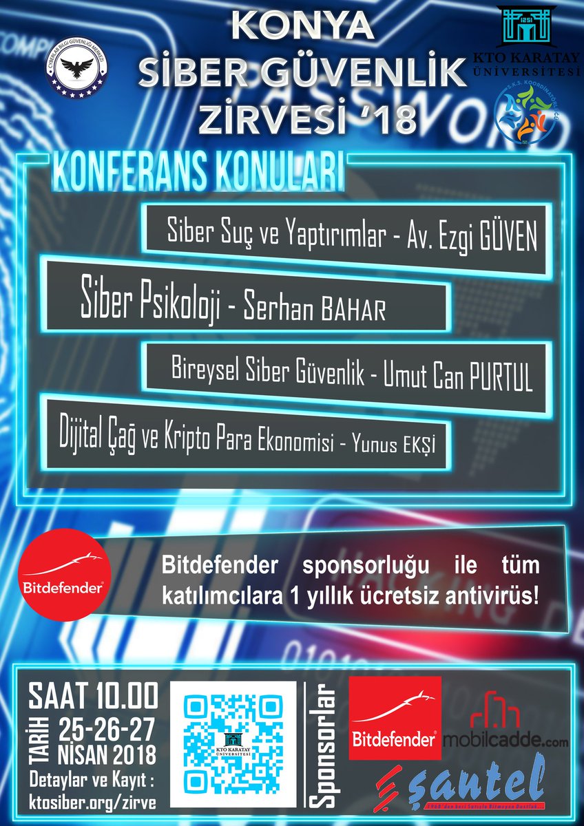 #Konferans #Eğitim #Zirve
25-27 Nisan 2018 | KTO Karatay Üni.
Konya Siber Güvenlik Zirvesi'18
Eğitim&amp;konferans kaydı: bit.ly/2qKl68U
