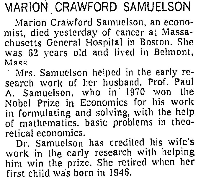 11/ Paul later said: "my unconscious mind must have benefited enormously in 1940-41 from knowledge of Marion's 1939 QJE findingsAs explained in her NYT 1978 obituary, “she retired when her first child was born in 1946.” Paul described her as extraordinarily “unambitious”(end)