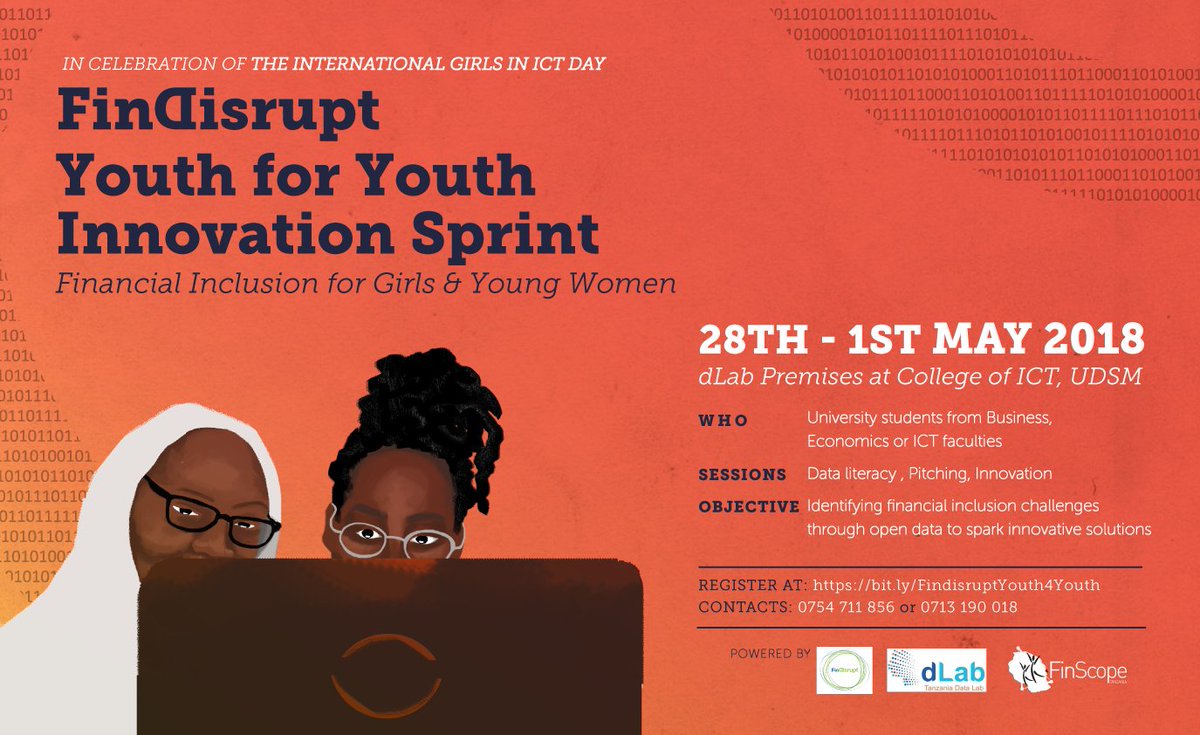 FSDTanzania's tweet photo. REGISTER TODAY!!!! Calling to all girls and young women in ICT! Register NOW for the #FinDisrupt Youth for Youth Innovation sprint to happen on the 28th April - 01st May at the dLab Premises at College of ICT, University of Dar es Salaam.
Register here: https://t.co/mLSJL5LeYl https://t.co/gQzixcG2RO