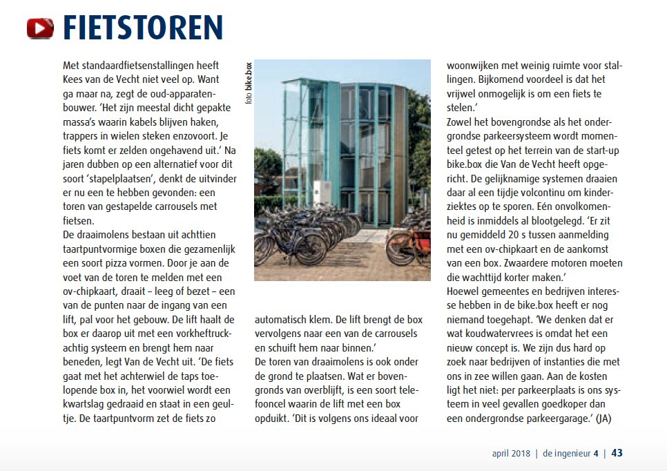bikeboxNL's tweet photo. Leestip! @de_ingenieur interviewde Kees van de Vecht over het ontstaan en de werking van https://t.co/U8GlIeOTHO. Je leest er alles over in het april nummer: https://t.co/i5DYD2jpDi https://t.co/CTUkS7ZRZY