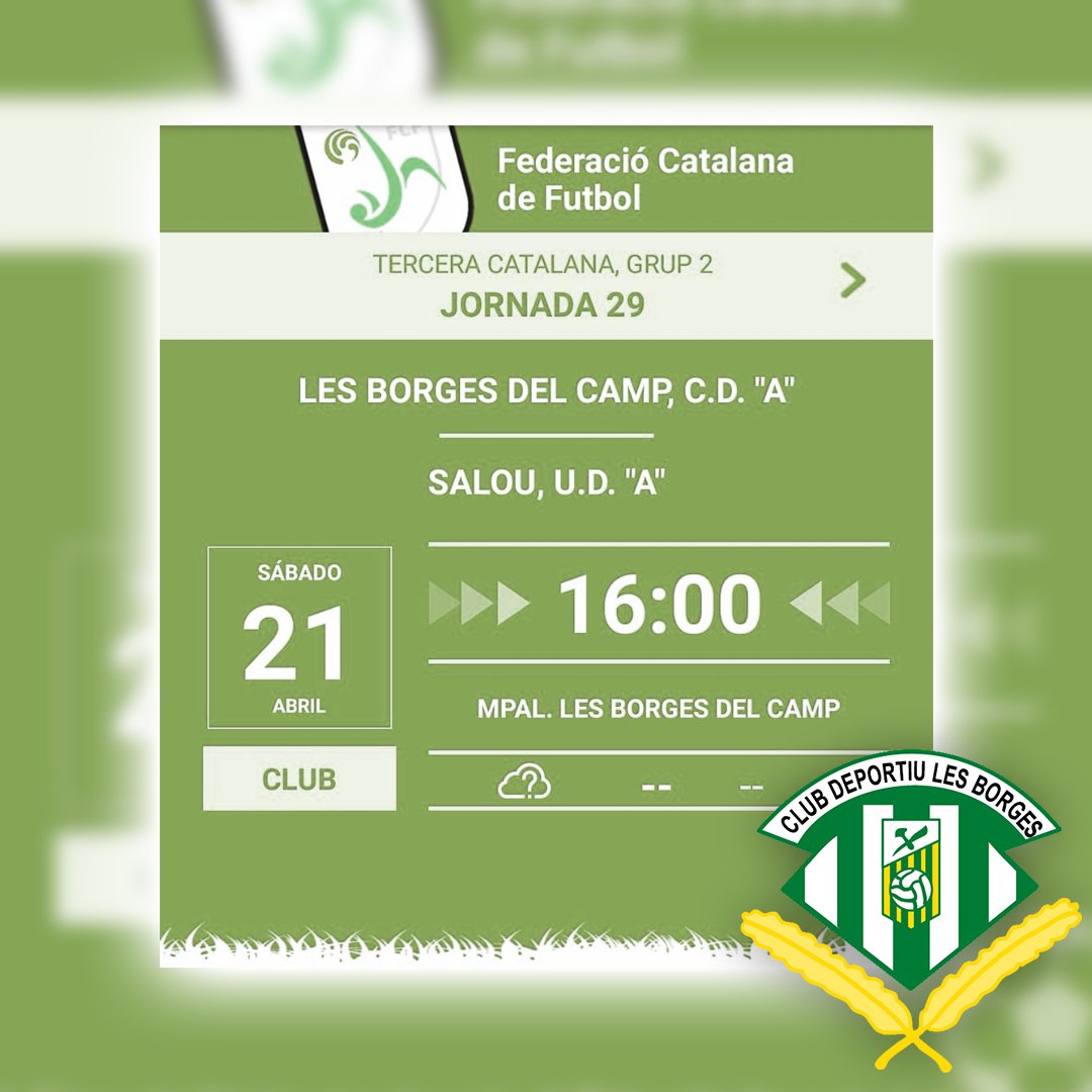 cdlesborges's tweet photo. Hola Borgencs i Borgenques! 

L’Amateur juga Dissabte contra el Salou!

Us esperem al camp!

#ForçaBorges #BorgesSalou https://t.co/F8H2ca1Qia