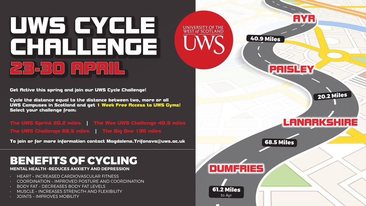 UniWestScotland's tweet photo. Get Active this spring and join the UWS Cycle Challenge!
Cycle the distance equal to the distance between two, more or all UWS campuses in Scotland and get one week free access to UWS gyms!
To join in or for more information contact Magdalena.Trifonova@uws.ac.uk https://t.co/tqGmxxaSvW