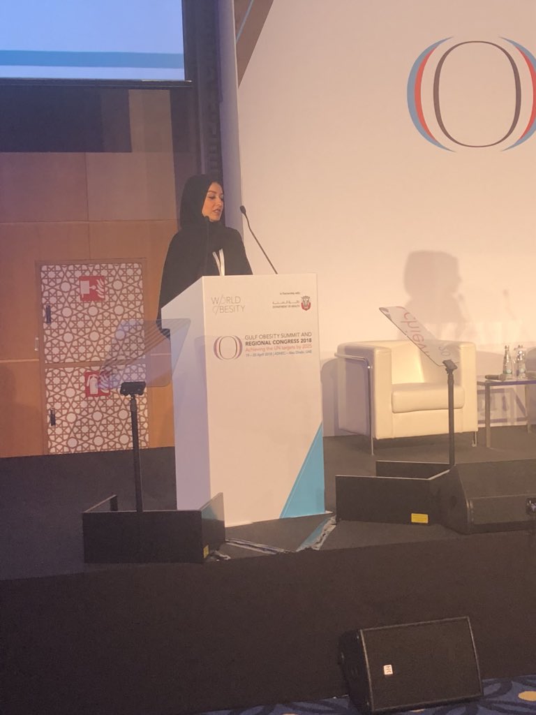 WorldObesity's tweet photo. Healthy food can be interesting and tasty. Dr Lamees of Abu Dhabi Dept of Health speaks to #GRCO18 about food that contains the Weqaya (prevention) logo adopted by @EtihadAirways amongst others. This is an opportunity to expand healthy eating options for the community. https://t.co/EZFG0NKHcv