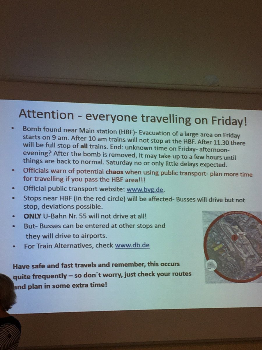 Paul_A_Egan's tweet photo. Drama of the non-pollinator kind at #Pollination2018. Delegates advised alternative travel plans due to a 500kg unexplored bomb in #Berlin! https://t.co/7H2d3dZ3tb