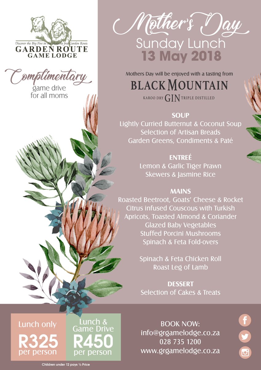 GardenRouteGame's tweet photo. Spoil your mom on Mothersday, 13 May 2018 for lunch and a game drive. Mothersday will be enjoyed with a tasting from Black Mountain Gin.
Booking essential at info@grgamelodge.co.za or 0287351200
#MothersDay #blackmountaingin #gamedrive #family #mothers #lunch #wildlife #Grandma https://t.co/EpkL5lJigZ