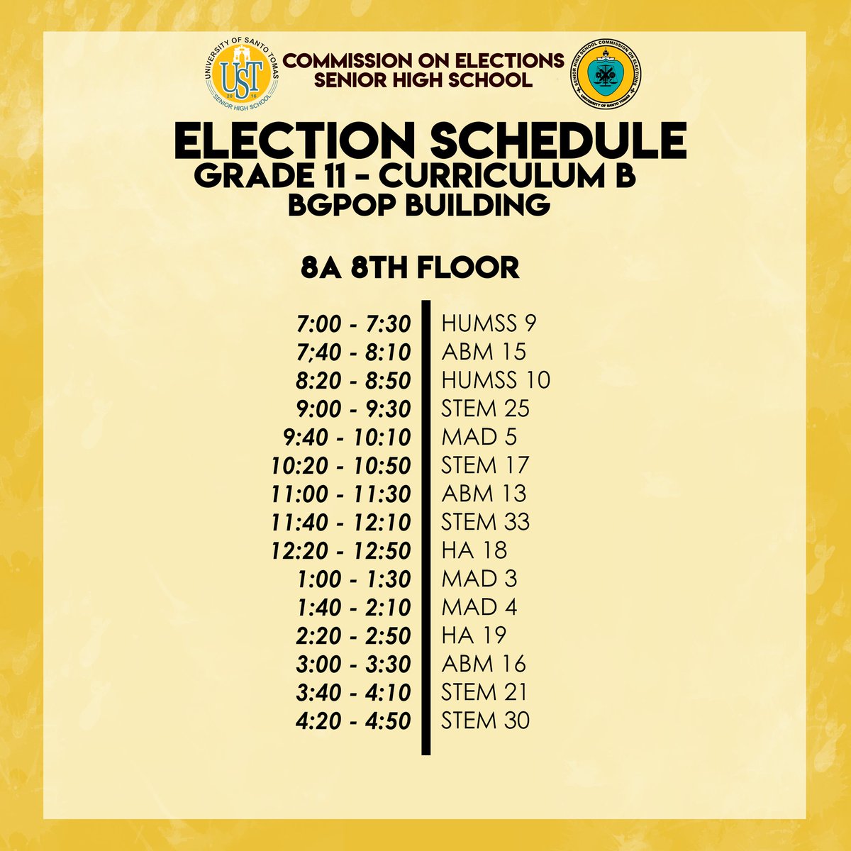ustshscomelec's tweet photo. Here are the election schedules for all Grade 11 Curriculum B and Grade 12 HUMSS students for the 2018 Local and Central Student Council Elections.
Please be guided accordingly.
All together for a culture of empowered democracy!
#AngUnangHalalan
#SHSLSC2018
#USTHalalan2018 https://t.co/qEd0X6rCPm