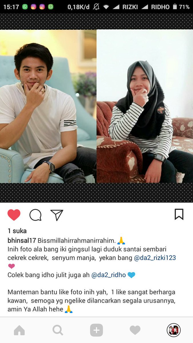 Manteman bantu like foto ini di ig @bhinsal17 iyah,  1 like sangat berharga,  semoga yg ngelike dipermudabkan segala urusannyaa hehe,  amin Ya Allah
<a href="/DA2_Rizki/">Rizki 2{R} Real</a> <a href="/DA2_Ridho/">Ridho 2{R}</a> 
#GroupWACinta2R28BLN