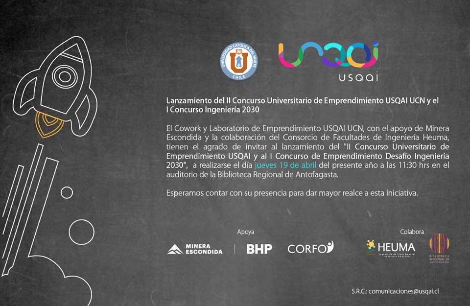 Todos los estudiantes de ed. superior de #Antofagasta invitados al concurso de #Emprendimiento <a href="/USQAI_UCN/">USQAI - Laboratorio de Emprendimiento</a> Hoy lo lanzamos a las 11.30 en <a href="/BibliotecAntofa/">Biblioteca Regional Antofagasta</a> evento abierto!!!