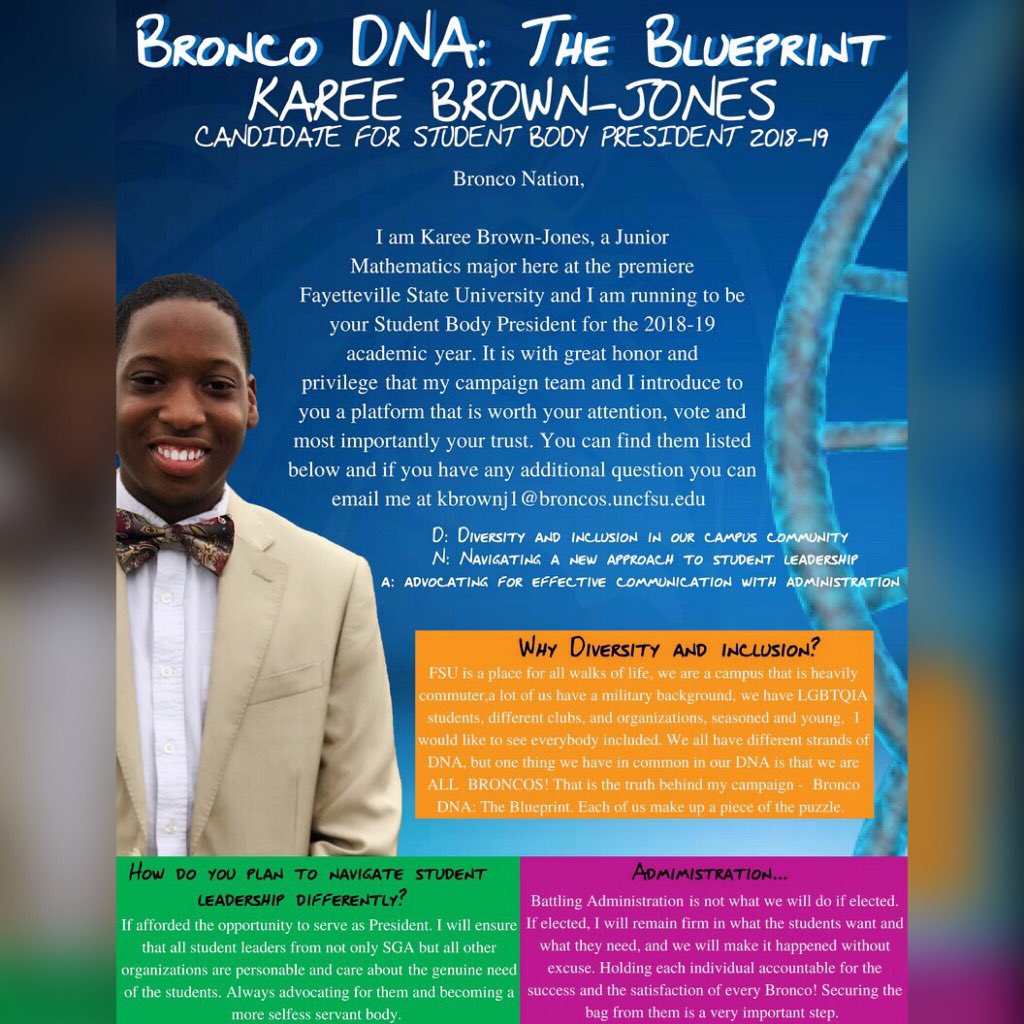 The_Elite1's tweet photo. Greetings Broncos,
DNA is the strand that encodes each living organism on Earth. It is the blueprint of life for each of us! Bronco DNA: The Blueprint is what will encode us for a productive and effective 2018-19 academic year.
#BroncoDNA #TheBlueprint #KBJ4Prez #UNCFSU_RYS18 https://t.co/5GBpm8M4Kh